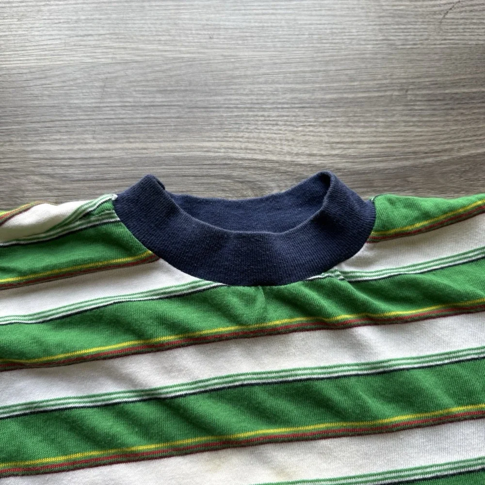 VTG 70s 80s Single Stitch Kids Green Striped Patterned T Shirt Beach Grunge L